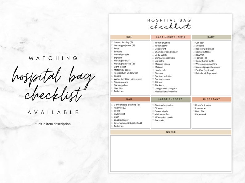 May include: A printable hospital bag checklist with sections for Mom, Dad, Baby, Labor Support, and Important items. The checklist includes items such as loose clothing, nursing pajamas, toiletries, snacks, and a car seat.
