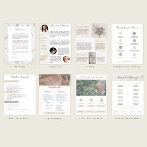 Pu&ograve; includere: Un set di sei download digitali stampabili per i servizi di doula. Le pagine sono in uno schema di colori marrone chiaro con accenti floreali e testo che include "Benvenuto", "Chi sono", "FAQ", "Benefici di una doula", "Cosa aspettarsi", "Investimenti", "Iniziamo" e "Risorse utili".