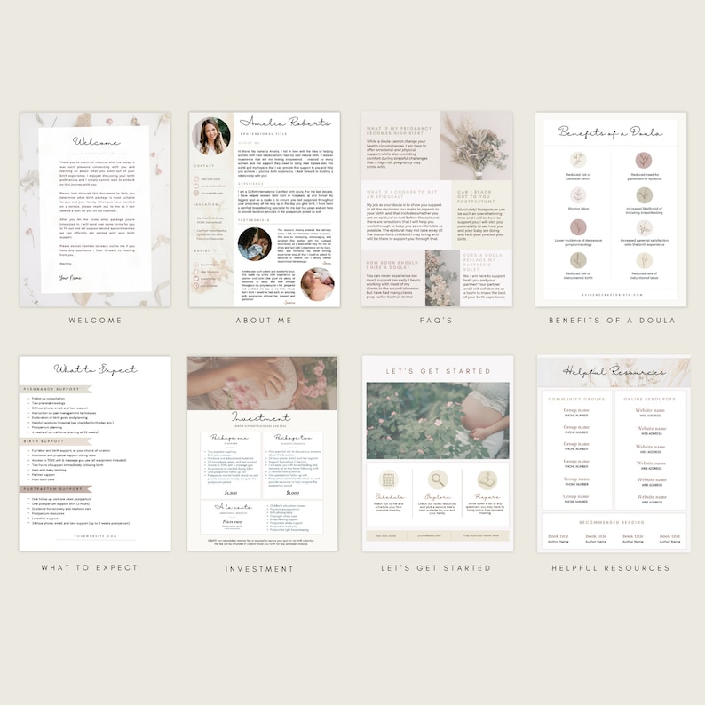 Pu&ograve; includere: Un set di sei download digitali stampabili per i servizi di doula. Le pagine sono in uno schema di colori marrone chiaro con accenti floreali e testo che include "Benvenuto", "Chi sono", "FAQ", "Benefici di una doula", "Cosa aspettarsi", "Investimenti", "Iniziamo" e "Risorse utili".