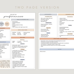 May include: A two-page printable birth preferences form with sections for health information, environment, pain management, birth positions, delivery, after birth, newborn care, and additional preferences. The form includes checkboxes for various options and a notes section.