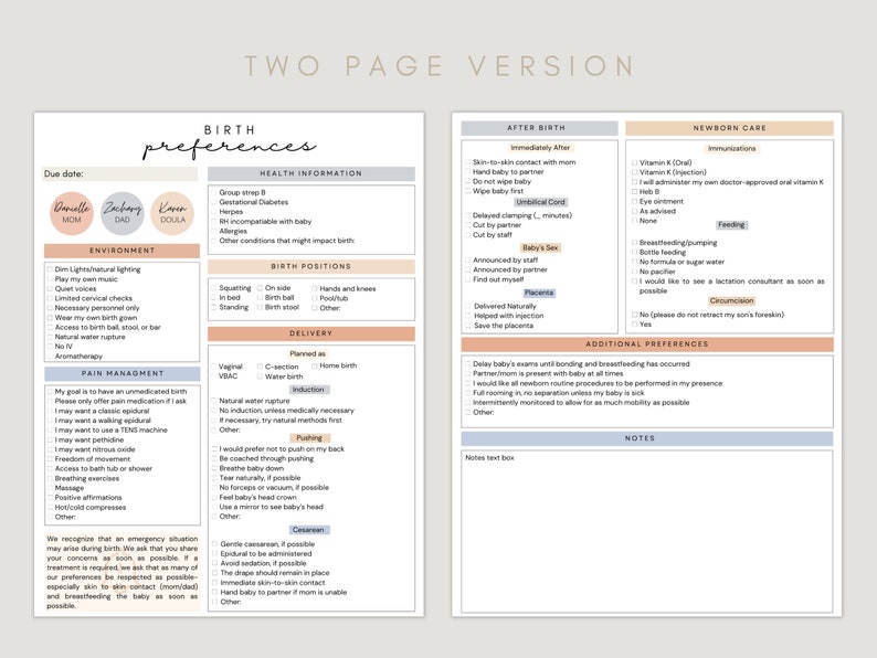 May include: A two-page printable birth preferences form with sections for health information, environment, pain management, birth positions, delivery, after birth, newborn care, and additional preferences. The form includes checkboxes for various options and a notes section.