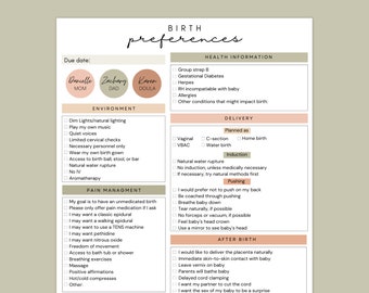 Plantilla editable de plan de parto: preferencias de parto natural (Canva)