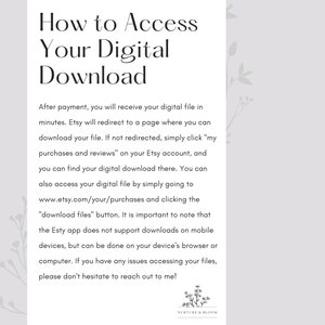 Puede incluir: Un gr&aacute;fico de texto blanco sobre un fondo gris claro con un dise&ntilde;o floral en el lado izquierdo. El texto dice "C&oacute;mo acceder a tu descarga digital". El texto explica c&oacute;mo acceder a una descarga digital despu&eacute;s de comprarla en Etsy.
