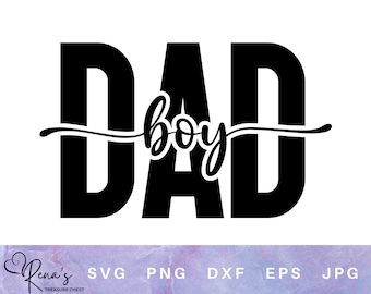 Puede incluir: Diseño gráfico en blanco y negro con la palabra "DAD" en letras grandes y la palabra "boy" escrita en cursiva debajo.