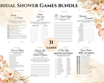 May include: A printable bridal shower game bundle with 31 games. The games include "Over or Under", "Name That Tune", "Date Night", "Word Scramble", "Ever or Never", "Bucket List for the Bride & Groom", "I Love You Around the World", and "Guess Who Bride or Groom".