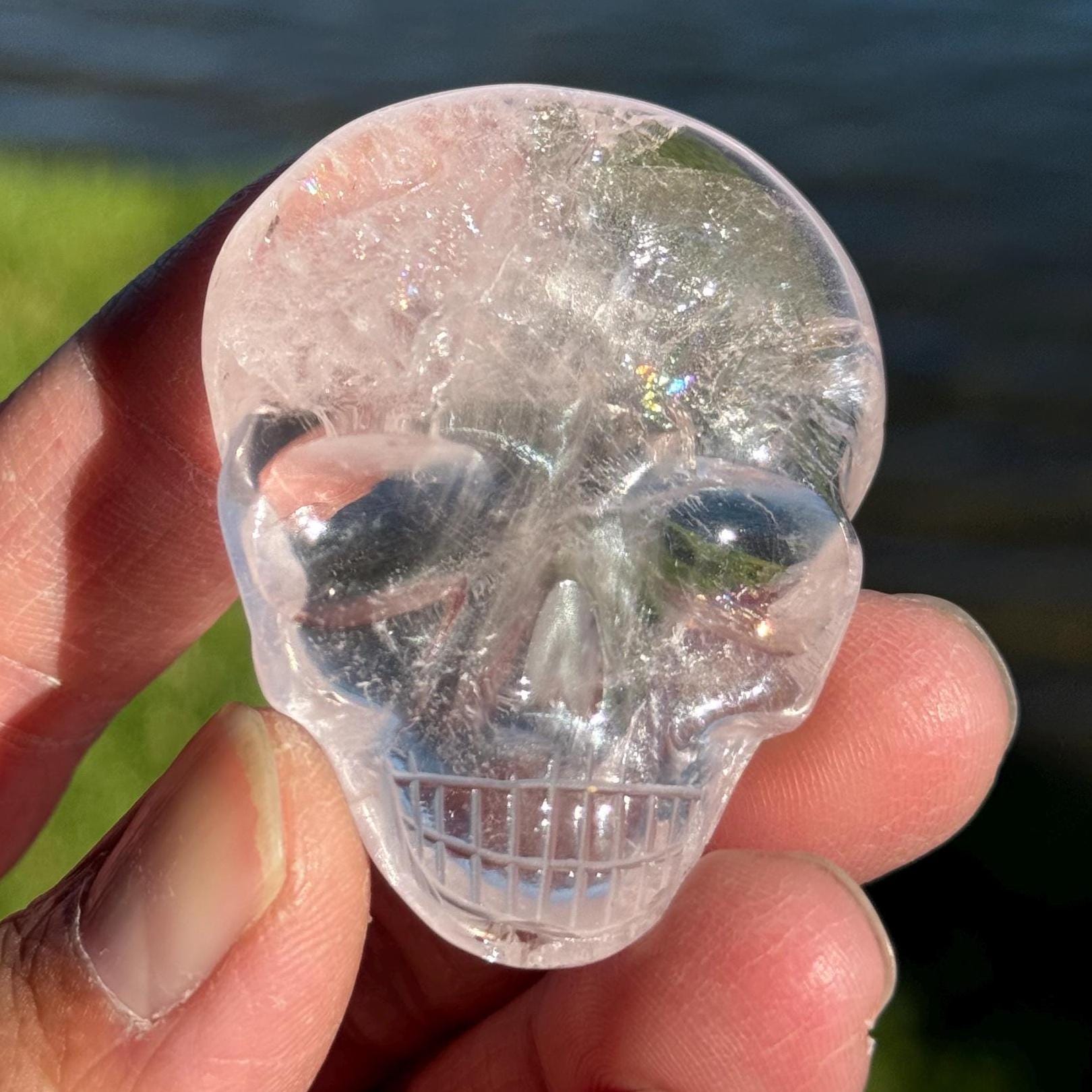 Leandro’s Rainbow Morganite Magical Child Skull Palm Stone