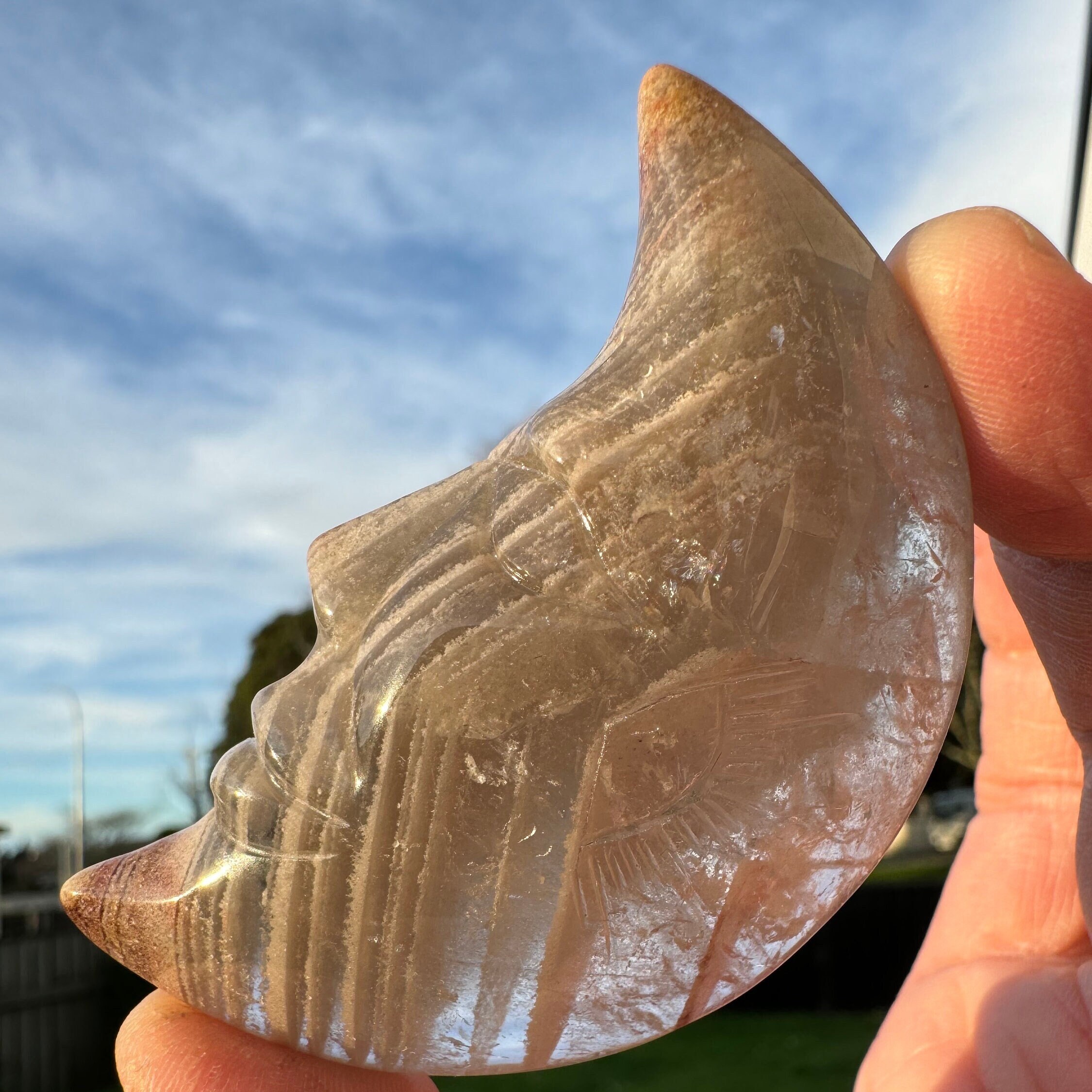 Lodolite Garden Quartz Moon Carving: Sun Symbol, Rainbow