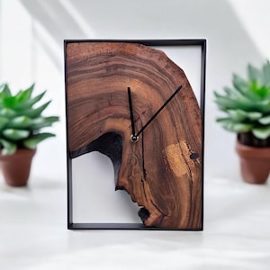 Walnut wall clock, modern metal frame, rustic wood design, handmade, home decor