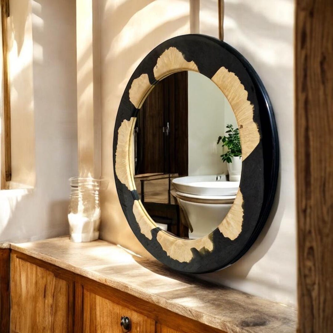 round-wall-mirror-maple-wood-black-resin-modern-rustic-decor-etsy