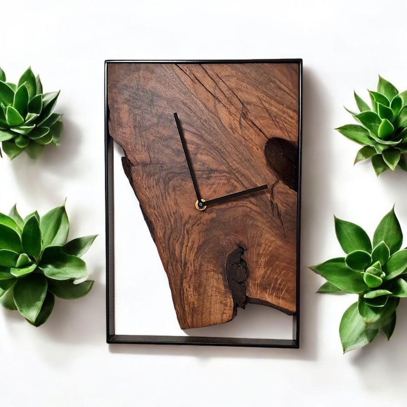 Rectangular wall clock, solid walnut, modern decor, metal frame, home gift image 8