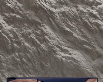 May include: A long, rectangular sideboard featuring a dark navy blue finish with a prominent, continuous horizontal band of natural light brown wood grain running across the front of its six drawers, supported by thin, dark, vertical legs.