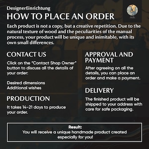 May include: A graphic with instructions on how to place an order for a handmade product. The graphic includes information about the ordering process, production time, and delivery. The text reads "How to Place an Order", "Contact Us", "Approval and Payment", "Delivery", and "Production".
