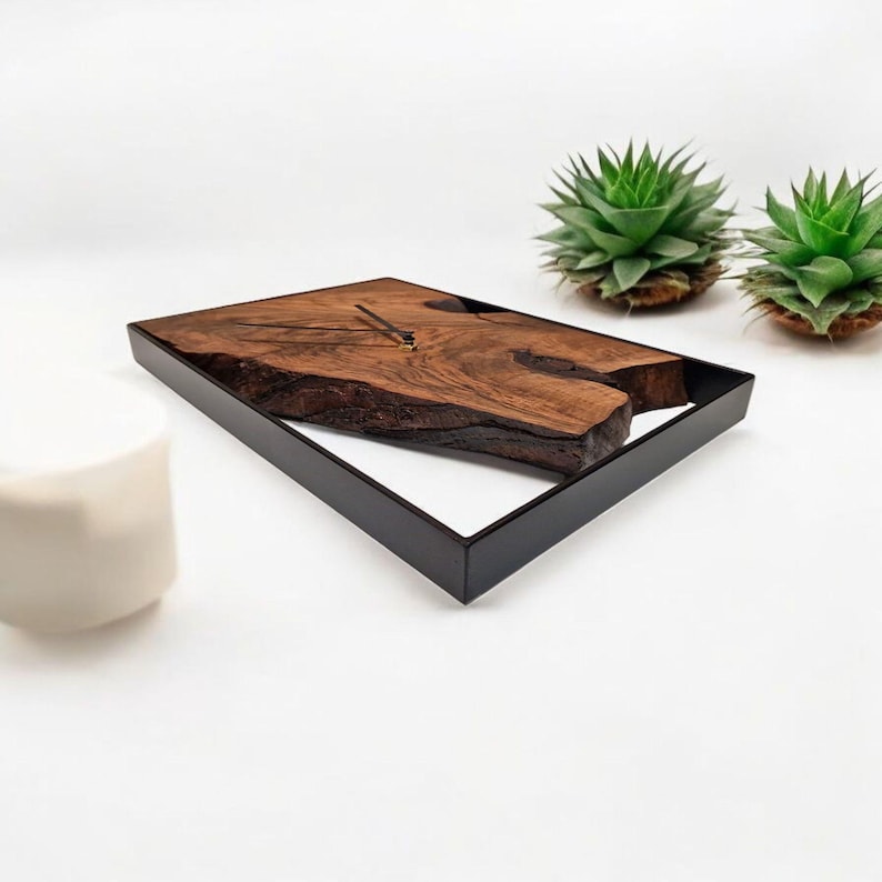 Rectangular wall clock, solid walnut, modern decor, metal frame, home gift image 5