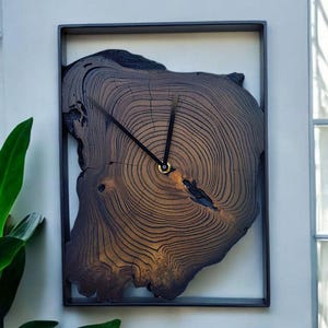 May include: A unique wall clock featuring a cross-section of a tree trunk, showcasing the natural wood grain and growth rings. The clock hands are black, and the frame is a dark metal. The clock is mounted on a light-colored wall.