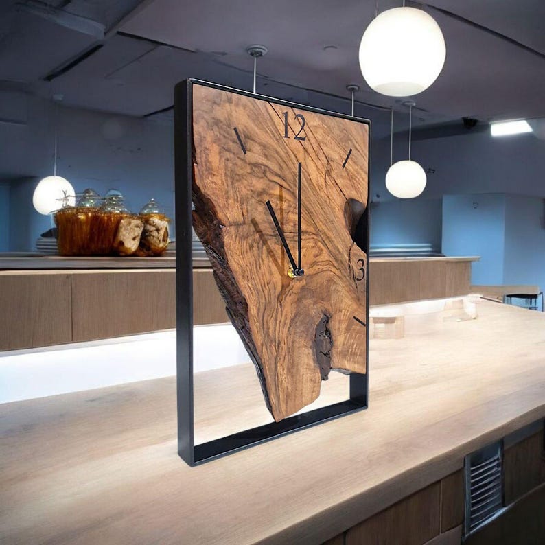 Rectangular wall clock, solid walnut, modern decor, metal frame, home gift image 1