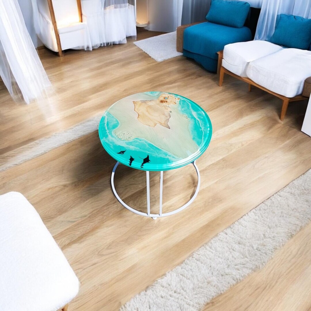 Round Ocean Style Coffee Table With Beach and Wave Effect, Handmade ...