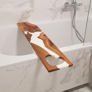 Bath Caddy For Tub With Epoxy, Rustic Wood Bath Tray, Spa Gift For Women, Elegant Bathroom Decor, Bathtub Wine Holder Shelf