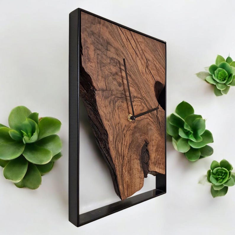 Rectangular wall clock, solid walnut, modern decor, metal frame, home gift image 3