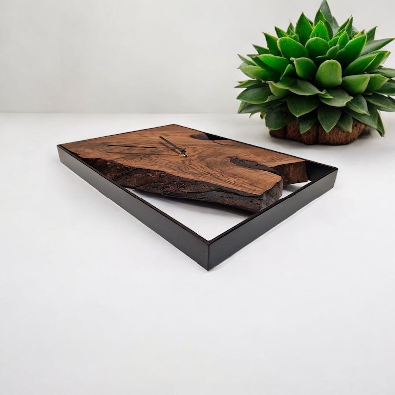 Rectangular wall clock, solid walnut, modern decor, metal frame, home gift image 10