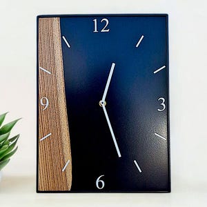 Wall clock, black epoxy resin, black metal frame, solid walnut, home gift, modern decor