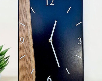 Wall clock, black epoxy resin, black metal frame, solid walnut, home gift, modern decor