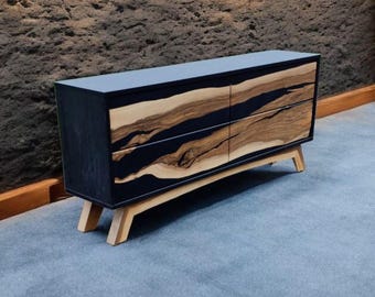Handmade Black Sideboard: Modern Walnut Media Console with Epoxy Resin