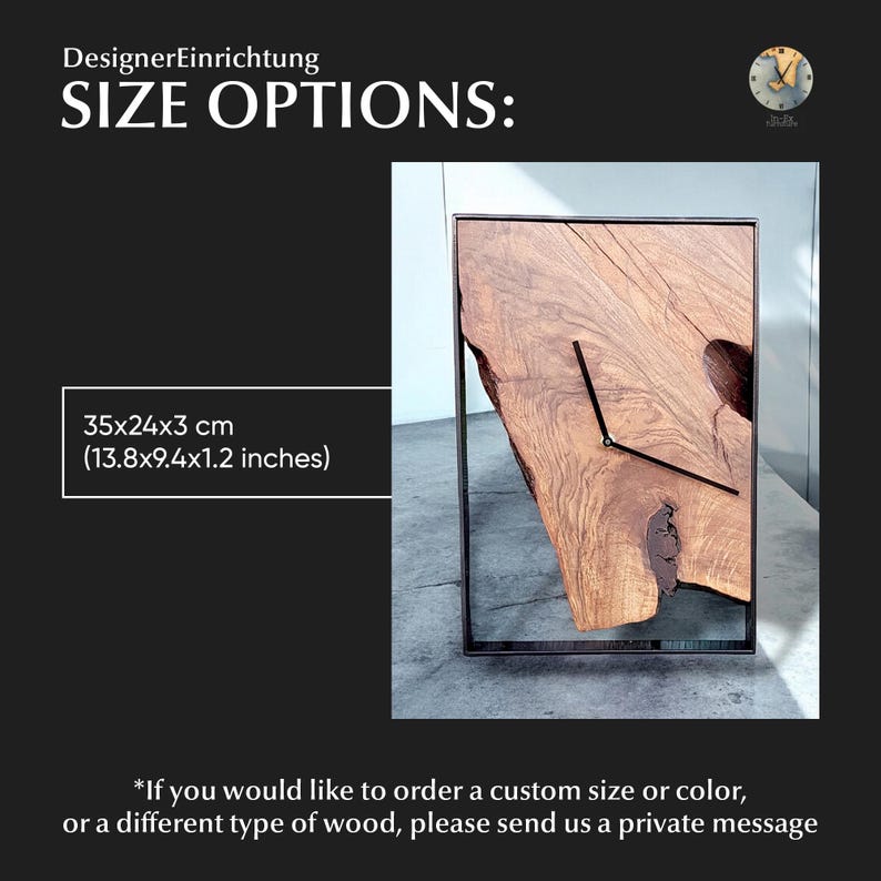 May include: A wooden clock with a natural wood finish and a black metal frame. The clock is 35 cm wide, 24 cm tall, and 3 cm deep. The clock is made of wood and has a natural wood finish. The clock has a black metal frame.