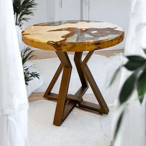 Round Wood and Resin Coffee Table, Modern Accent Table with Geometric Legs, Handmade Centerpiece for Living Room or Stylish Indoor Space