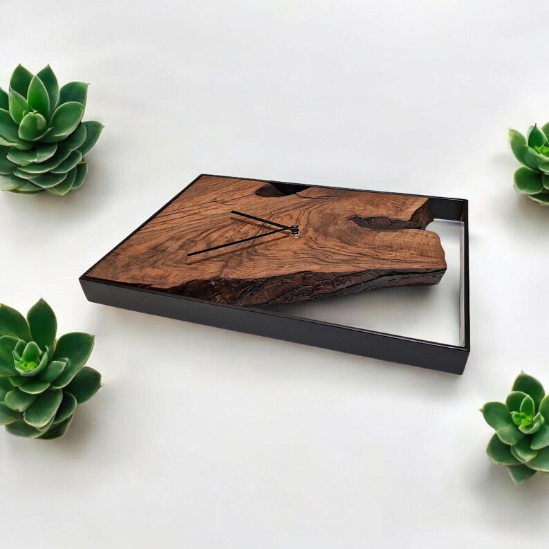 Rectangular wall clock, solid walnut, modern decor, metal frame, home gift image 9