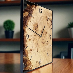 Modern burl poplar wall clock, rectangular metal frame, minimalist decor