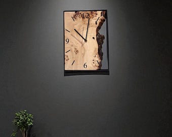 Burl Poplar Wall Clock - Black Metal Frame - Modern Minimalist Home Decor