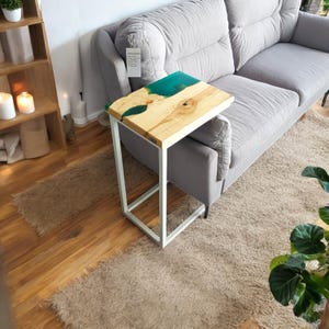 Handmade Maple & Green Epoxy Sofa Table: C-Shape Side Table
