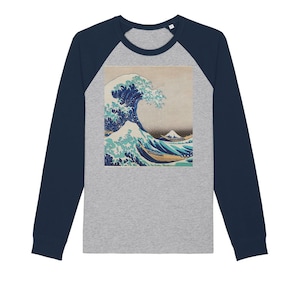 Organic Raglan Great Wave off Kanagawa Hokusai Long Sleeve Shirt, Funny Raglan Long Sleeve Shirt For Men Women, Organic cotton apparel