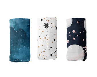 Set of 3 Space Swaddles - Blue Galaxy Baby Blanket - Outer Space Nursery - Planets and Stars Receiving Blanket - Celestial Matching Swaddle