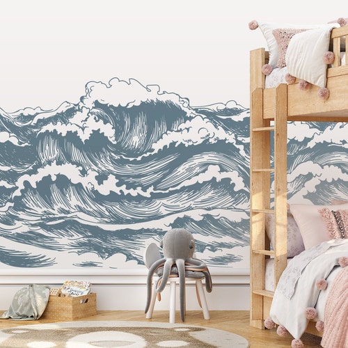 Wave Wallpaper Peel and Stick Pink Blue Ocean Waves Wall - Etsy
