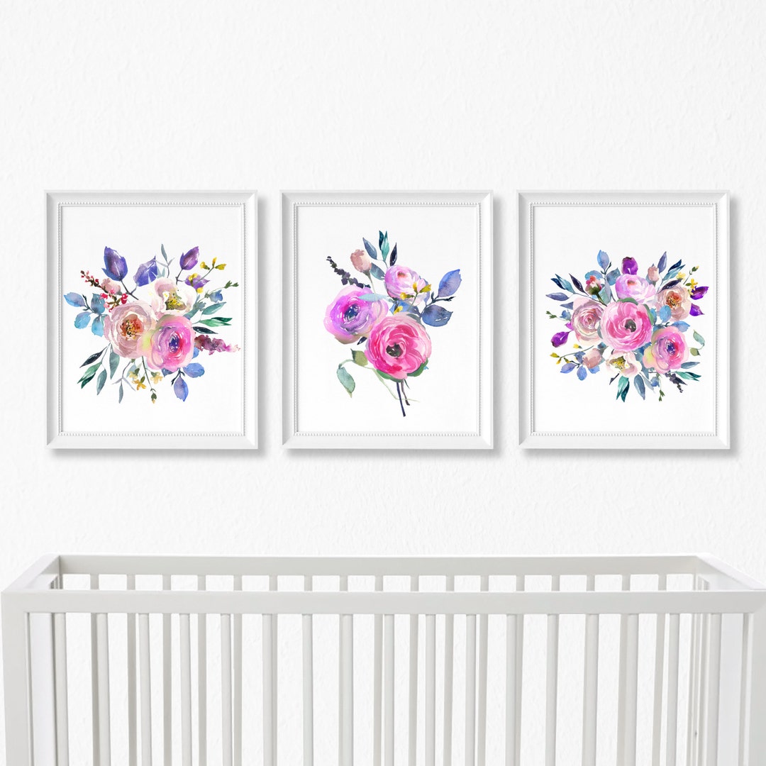 Bright Pink Watercolor Floral Nursery Art Set of 3 Prints - Etsy