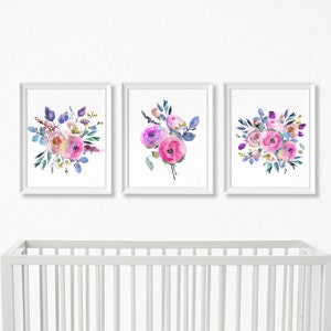 Bright Pink Watercolor Floral Nursery Art - Set of 3 Prints - Baby Girl Room Decor - Comes in 4 sizes