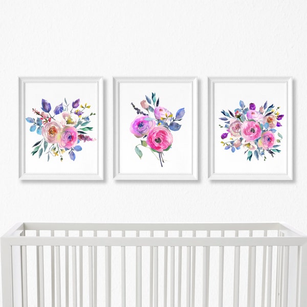 Bright Pink Watercolor Floral Nursery Art - Set of 3 Prints - Baby Girl Room Decor - Comes in 4 sizes