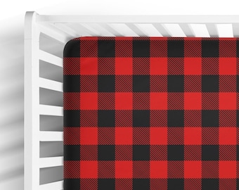 Buffalo Check Crib Fitted Sheets - Woodland Nursery Baby Bedding - Red and Black Toddler Bed