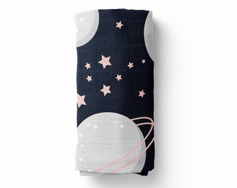 Planets and Stars Receiving Blanket - Baby XL Stretchy Swaddle - Cosmic Space Girl Nursery - Celestial Sherpa Blanket - Soft Kids Playmat