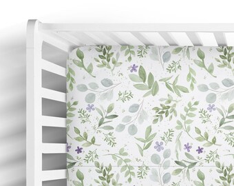 Eucalyptus and Lavender Fitted Crib Sheet - Toddler Baby Bedding - Green and Purple Gender Neutral Nursery Decor