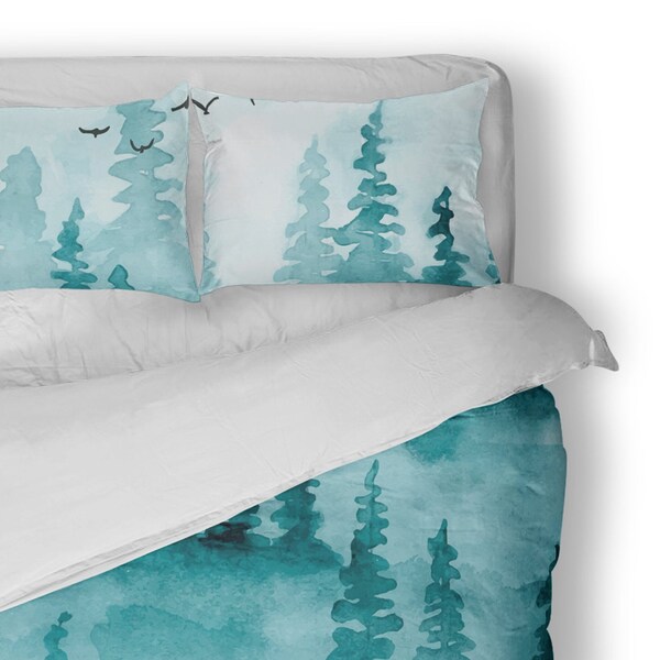 Teal Forest Landscape Kids Bedding Set - Cotton Duvet Cover - Twin - Double - Queen - King - Pillowcases - Shams - Gender Neutral Bedroom