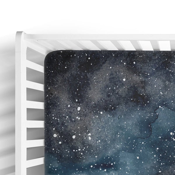 Dark Grey Galaxy Crib Bedding - Mini Crib Sheets - Neutral Celestial Baby Blanket - Cosmic Baby Gift - Space Theme Decor