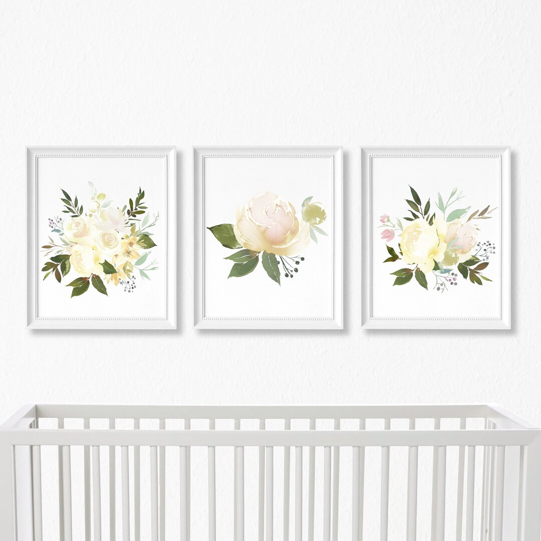 Cream Watercolor Floral Nursery Art Set of 3 Prints Baby Girl Artwork ...