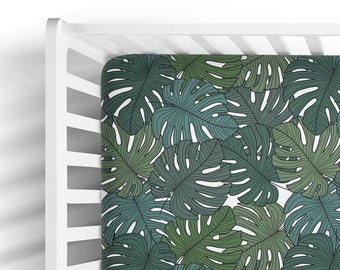 Monstera Leaf Fitted Cot Bed Sheet - Botanical Mini Crib Sheets - Modern Tropical Nursery - Gender Neutral Baby - Toddler Bedding