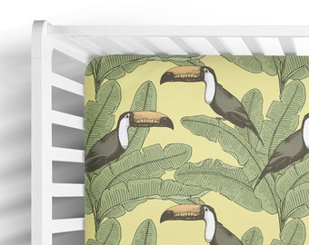 Jungle Toucan Baby Bedding - Gender Neutral Fitted Crib Sheet - Toddler Bed - Mini Crib Sheets - Vintage Banana Leaf Nursery Decor