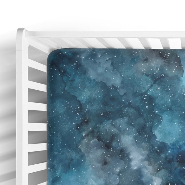 Blue Galaxy Crib Sheet - Cosmic Space Baby Bedding - Celestial Toddler Cot Sheets - Modern Nursery Decor