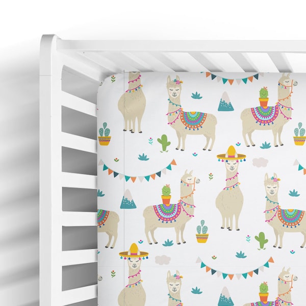 Llama Party Cot Sheets - Whimsical Animal Crib Sheet - Modern Southwest Cactus Nursery - Gender Neutral - Alpaca Baby Bedding