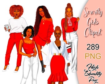 Sorority Girls Clipart, Red and White Girls, Sister Girls Clipart, Sisterhood Clipart, Fashion Girl Clipart, Afro Girls Clipart.