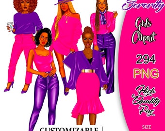 Sorority Girls Clipart, Pink and Purple Girls, Sisterhood Clipart, Sister Girls Clipart, Black Women Clipart, Fashion Lady Clipart, Afro PNG